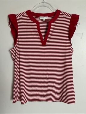 love & promises Red & White Striped V-Notch Flutter Top